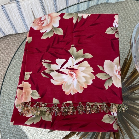 Dark Red Floral Wrap or Scarf with Beads at End - Picture 1 of 7